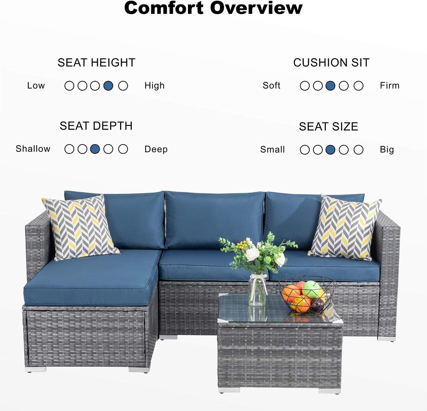 Outdoor Sectional Sofa Silver Rattan Wicker Sofa Small Patio Conversation Couch with Washable Cushion and Glass Table