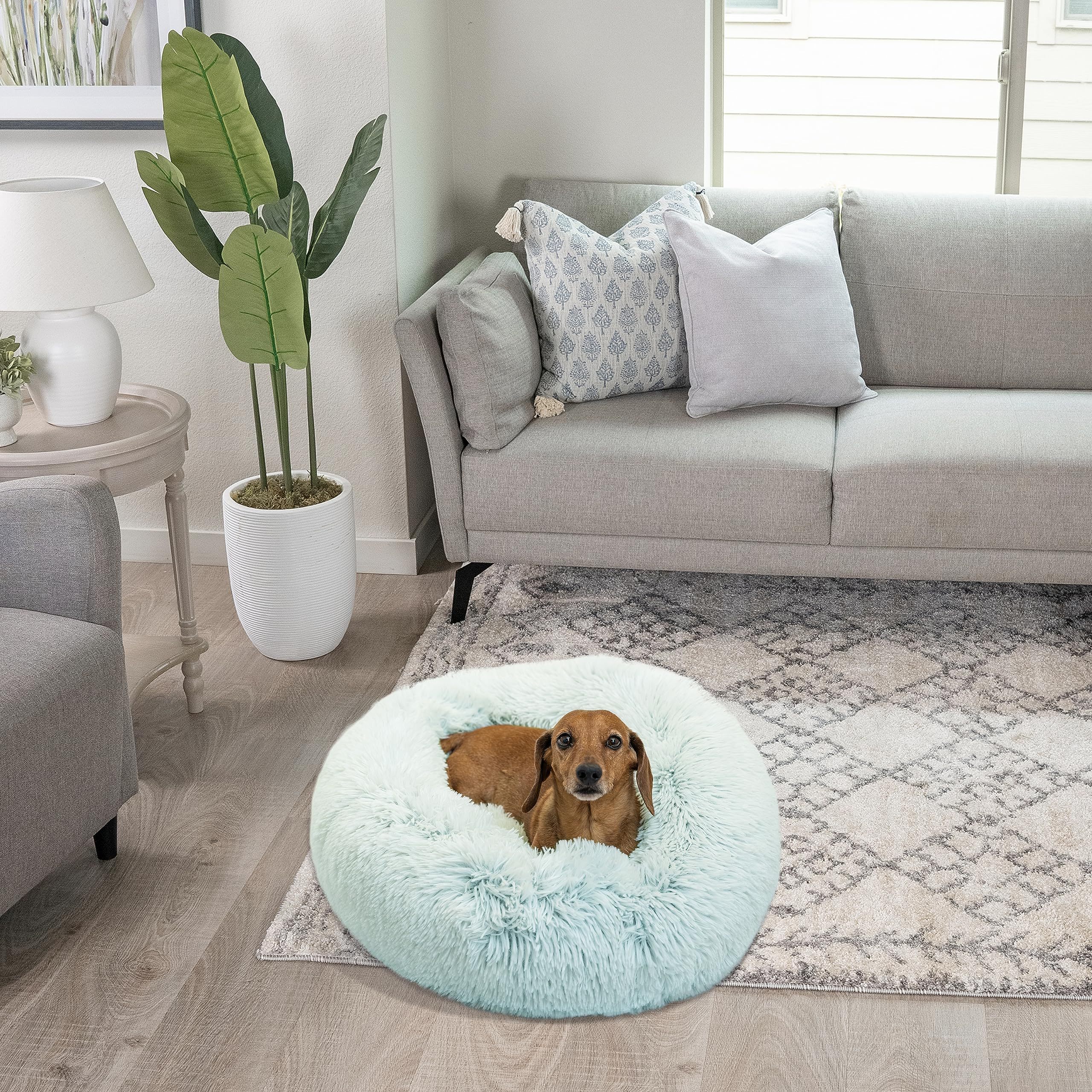 Baby Blue 23in Round Calming Donut Cat and Dog Bed in Shag Fur Taupe For pets up to 25lbs