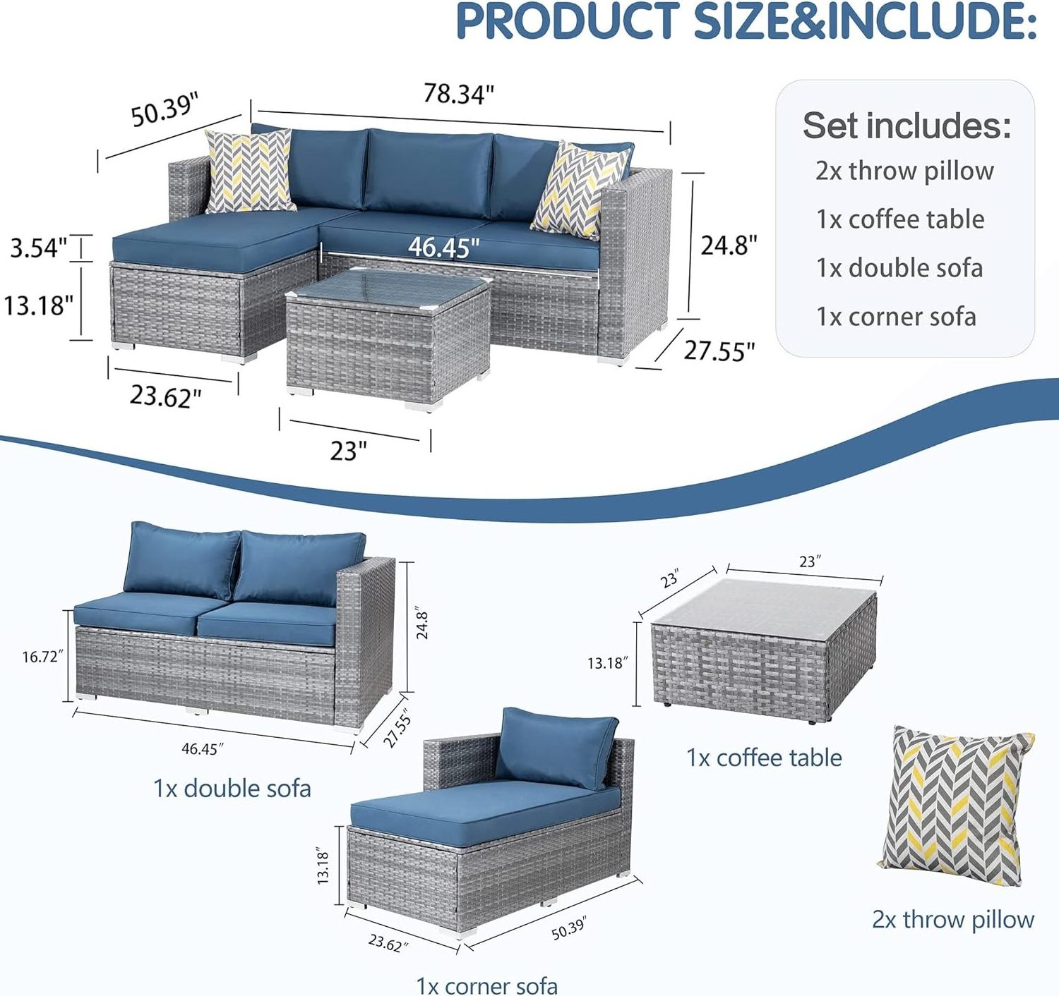 Outdoor Sectional Sofa Silver Rattan Wicker Sofa Small Patio Conversation Couch with Washable Cushion and Glass Table