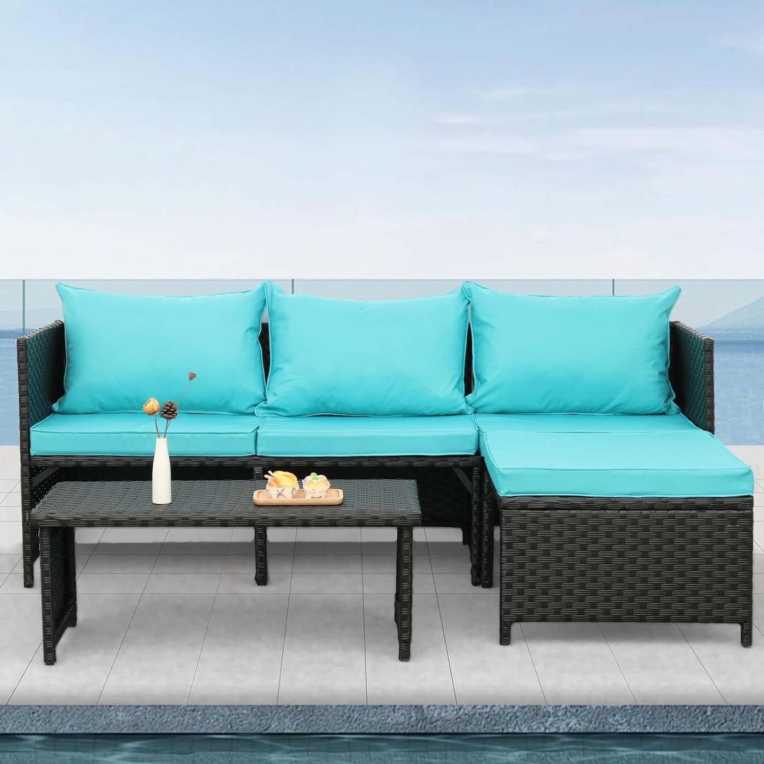 Outdoor PE Rattan Furniture Set Patio Black Wicker Conversation Sofa Sectional Couch Turquoise Cushion