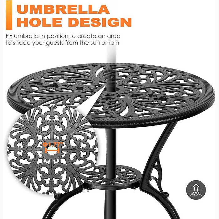 Outdoor Patio Garden Table and Chair Set Vintage Garden Chair 3-Piece Set with 1.97 Inch Umbrella Hole