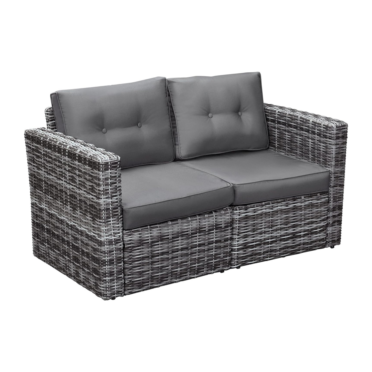 Outdoor PE Rattan Furniture 2 Piece Patio Wicker Corner Sofa Set with Curved Armrests and Padded Cushions