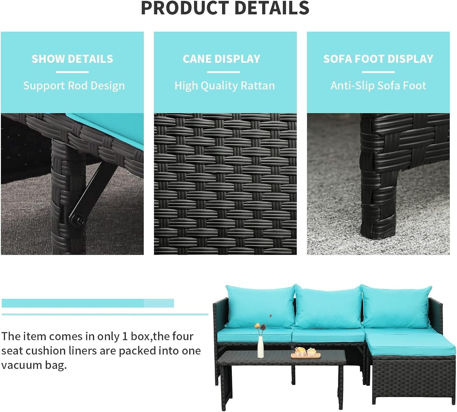 Outdoor PE Rattan Furniture Set Patio Black Wicker Conversation Sofa Sectional Couch Turquoise Cushion