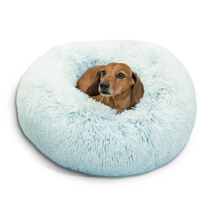 Baby Blue 23in Round Calming Donut Cat and Dog Bed in Shag Fur Taupe For pets up to 25lbs