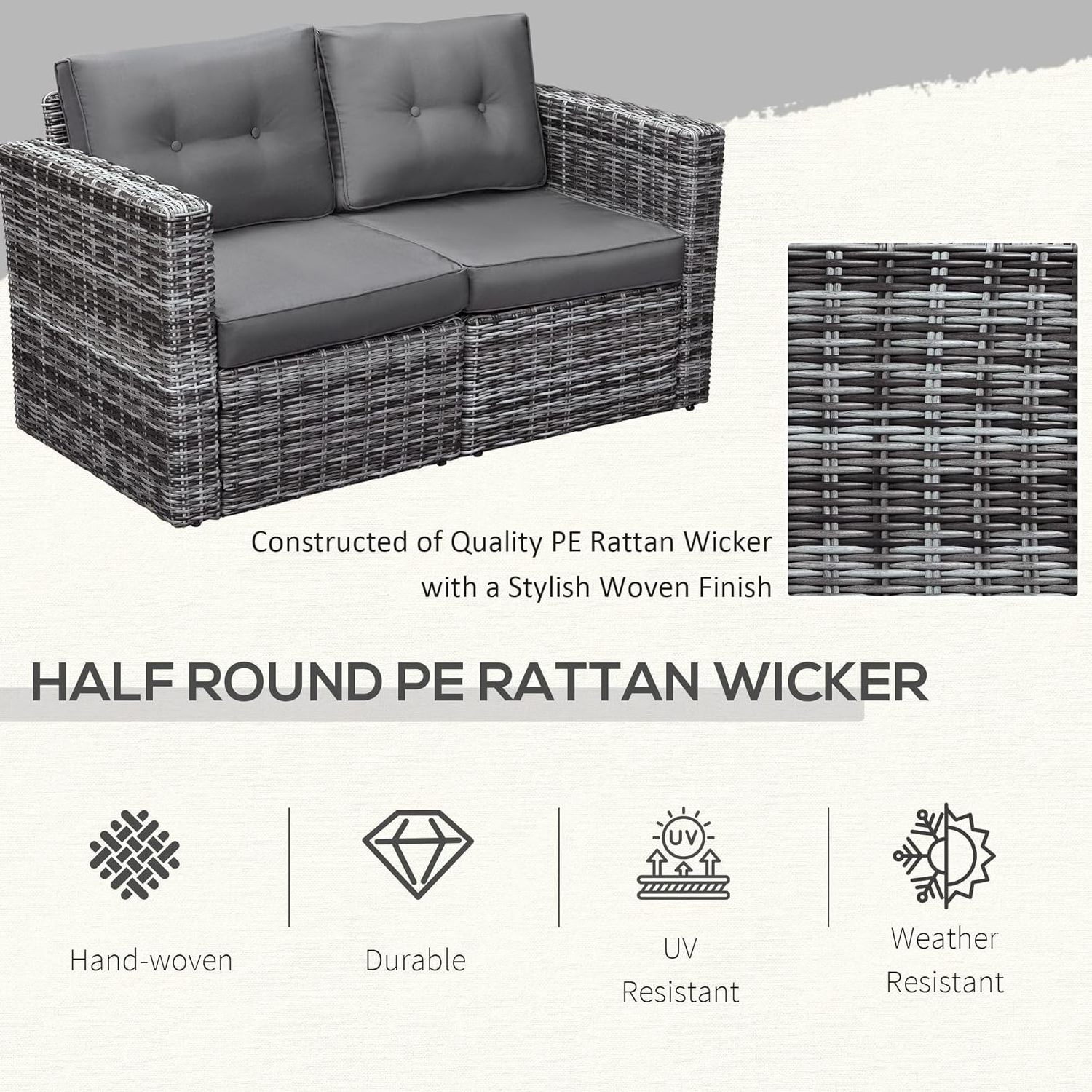 Outdoor PE Rattan Furniture 2 Piece Patio Wicker Corner Sofa Set with Curved Armrests and Padded Cushions