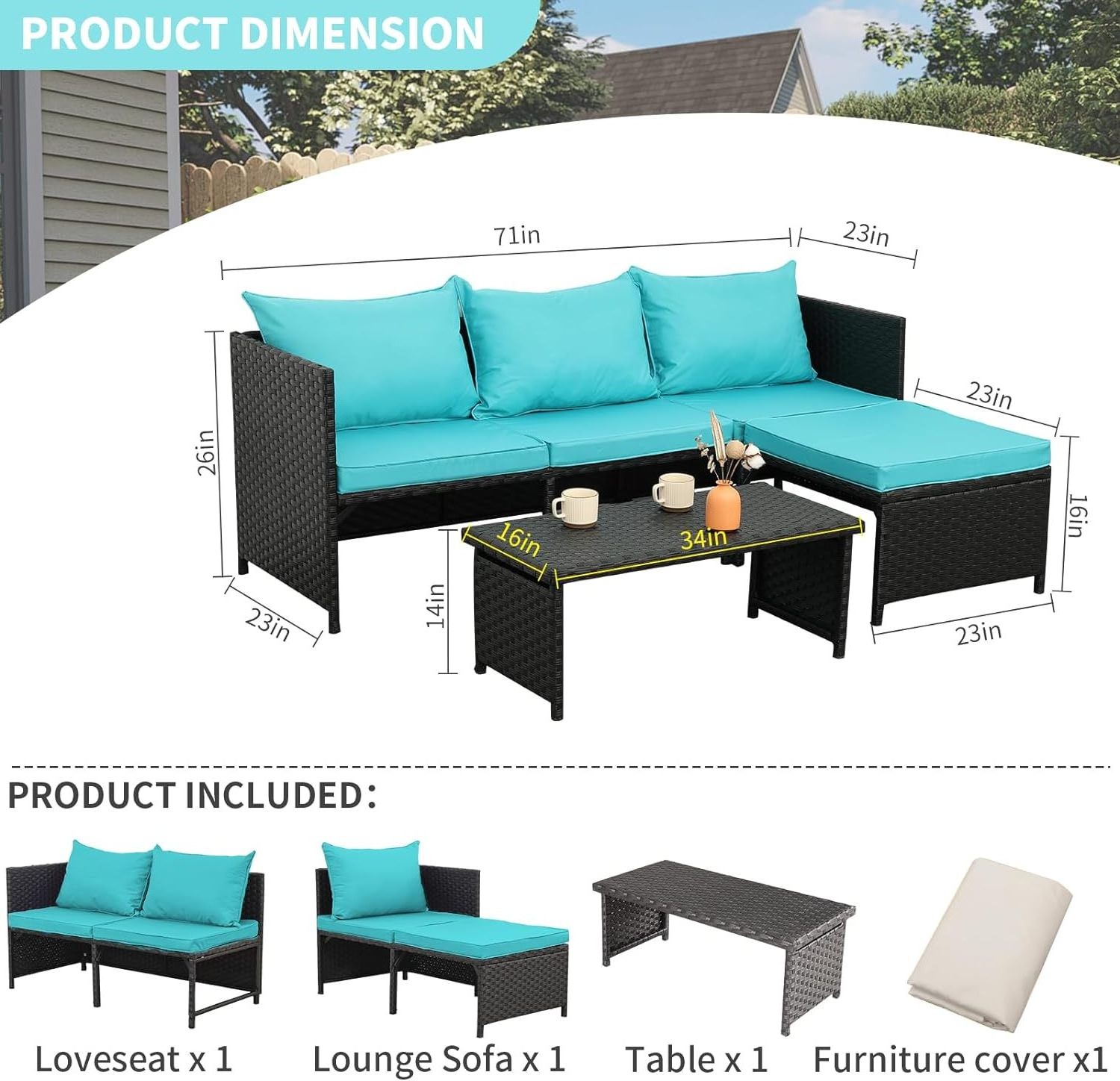 Outdoor PE Rattan Furniture Set Patio Black Wicker Conversation Sofa Sectional Couch Turquoise Cushion