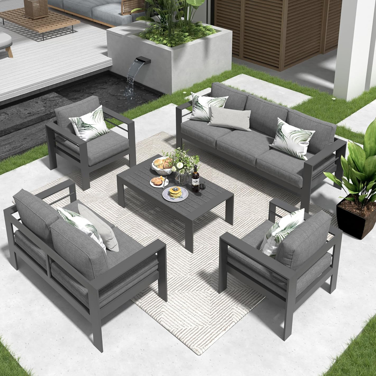 Modern Outdoor Conversation Set Sectional Sofa Aluminum Patio Furniture Set with Upgrade Cushion and Coffee Table