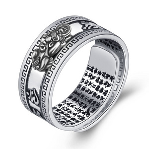 wholesale Chinese Silver PiXiu Rings Lucky Feng Shui Mantra Ring Protection Wealth Rings for Men Women