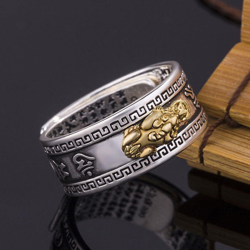 wholesale Chinese Silver PiXiu Rings Lucky Feng Shui Mantra Ring Protection Wealth Rings for Men Women