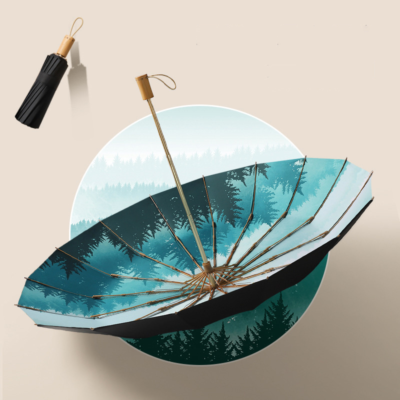 Chinese Wind Ink Wash Rain Umbrella 3 Folding Sun Sunscreen Umbrella Female Wooden Handle Umbrella