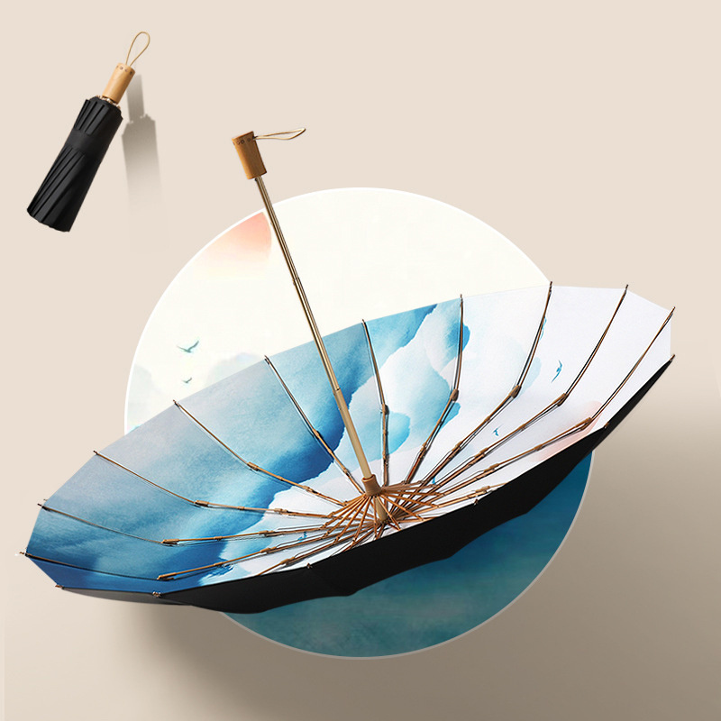 Chinese Wind Ink Wash Rain Umbrella 3 Folding Sun Sunscreen Umbrella Female Wooden Handle Umbrella