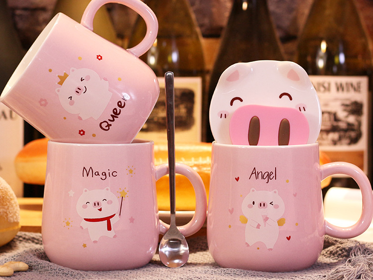 Pink Girl Heart Cartoon cute mug Ceramic Couple Water Coffee pig nose mug with phone holder  400ml