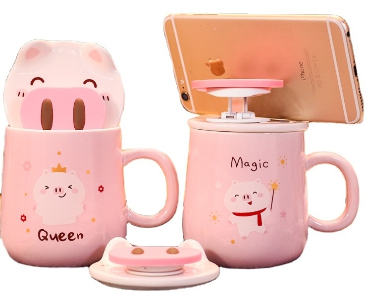 Pink Girl Heart Cartoon cute mug Ceramic Couple Water Coffee pig nose mug with phone holder  400ml