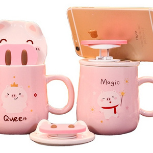 Pink Girl Heart Cartoon cute mug Ceramic Couple Water Coffee pig nose mug with phone holder  400ml