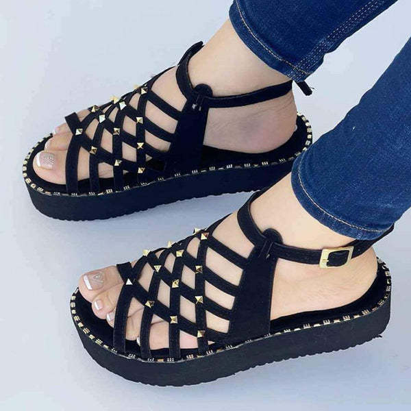 220701-1  35-43 Summer leisure fish mouth slope heel cross strap hollow cross-border large size Roman sandals women's shoes