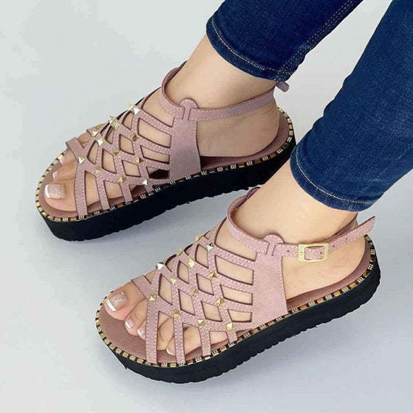 220701-1  35-43 Summer leisure fish mouth slope heel cross strap hollow cross-border large size Roman sandals women's shoes