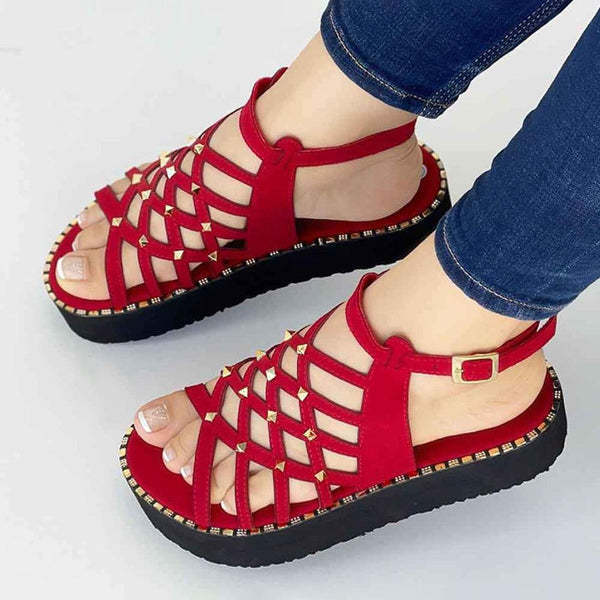 220701-1  35-43 Summer leisure fish mouth slope heel cross strap hollow cross-border large size Roman sandals women's shoes