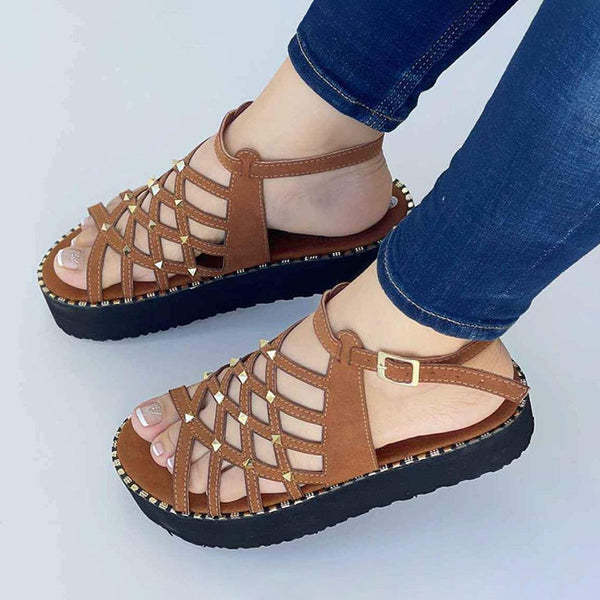 220701-1  35-43 Summer leisure fish mouth slope heel cross strap hollow cross-border large size Roman sandals women's shoes