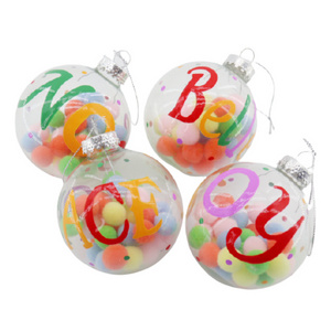 8cm Hand-Painted Clear Christmas Ball & Tree Ornaments Xmas Glass Baubles Bulk with Stuffed Pompom Decorations