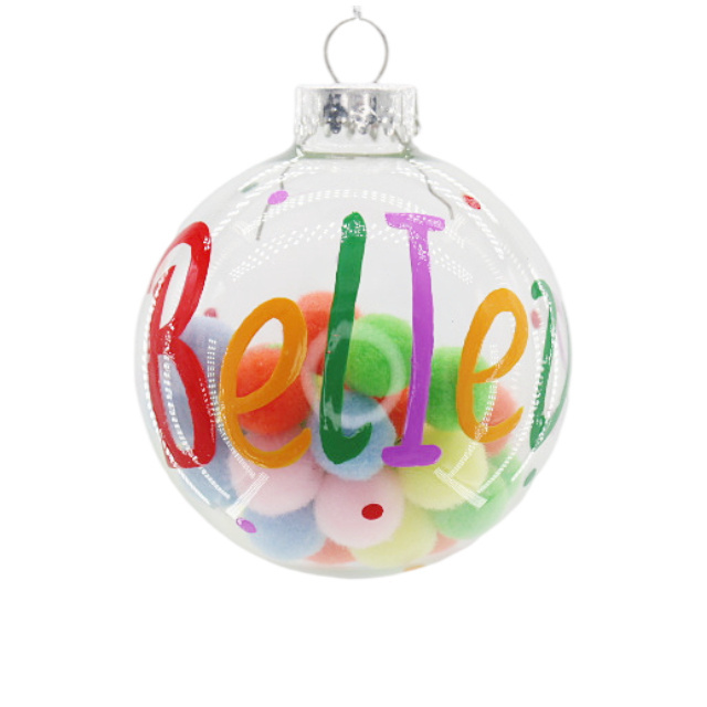 8cm Hand-Painted Clear Christmas Ball & Tree Ornaments Xmas Glass Baubles Bulk with Stuffed Pompom Decorations