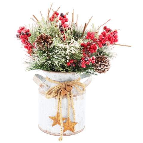 High Quality Artificial Flowers Pine Branches Red Fruit Berries Pine Cone Christmas Tree Bouquet Metal Vase Perfect Box