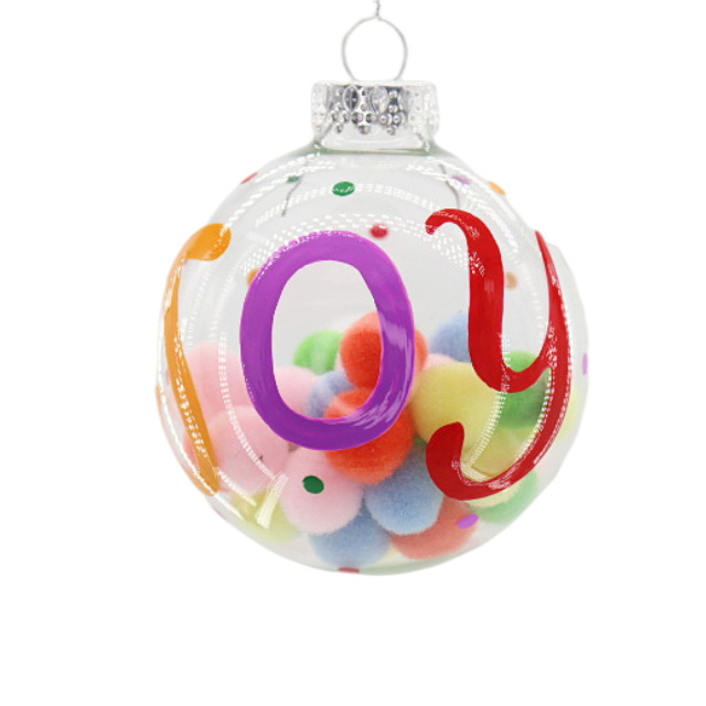 8cm Hand-Painted Clear Christmas Ball & Tree Ornaments Xmas Glass Baubles Bulk with Stuffed Pompom Decorations