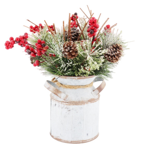 High Quality Artificial Flowers Pine Branches Red Fruit Berries Pine Cone Christmas Tree Bouquet Metal Vase Perfect Box