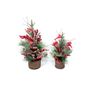 21"/24" Artificial PE PVC MIX Pine Tree Cuckoo Bird Red Berries Christmas Tree Ornament with Rattan Basket for Party Home Decor