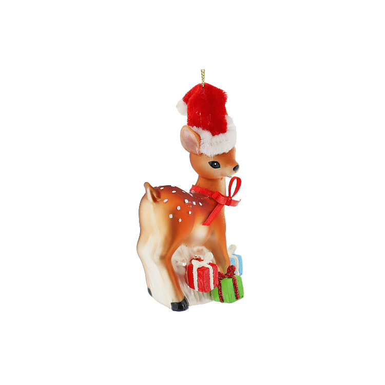 Cheap Glass Deer Figurines With A Red Santa Hat For Wall Hanging Christmas Tree Ornament Decoration