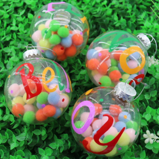 8cm Hand-Painted Clear Christmas Ball & Tree Ornaments Xmas Glass Baubles Bulk with Stuffed Pompom Decorations