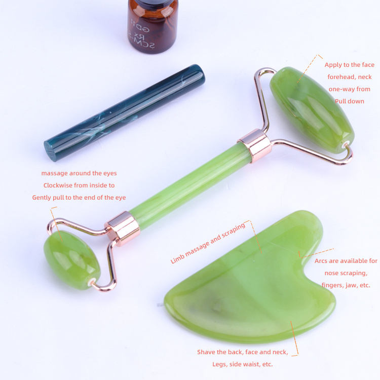 custom natural rose quartaz white jade eye face beauty roller and gua sha tools set packaging