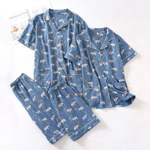 summer women's concise elephant printed pajama sets couple sleepwear cotton can wear outdoor short