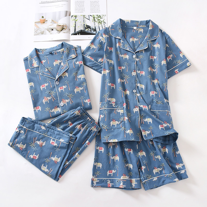 summer women's concise elephant printed pajama sets couple sleepwear cotton can wear outdoor short