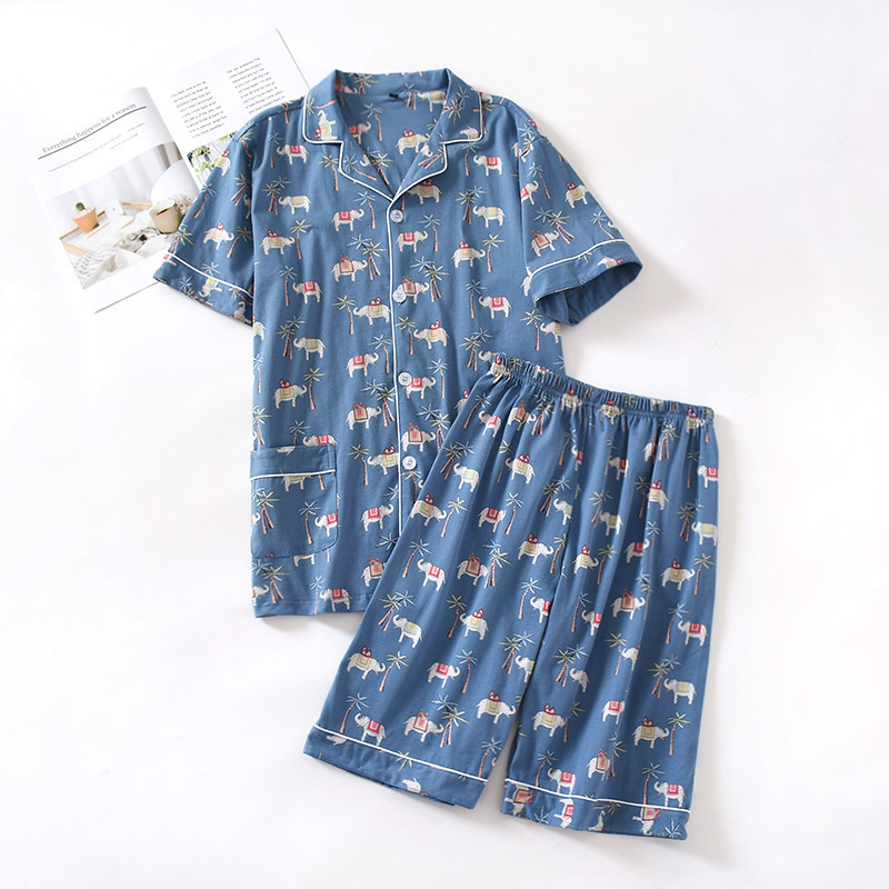 summer women's concise elephant printed pajama sets couple sleepwear cotton can wear outdoor short