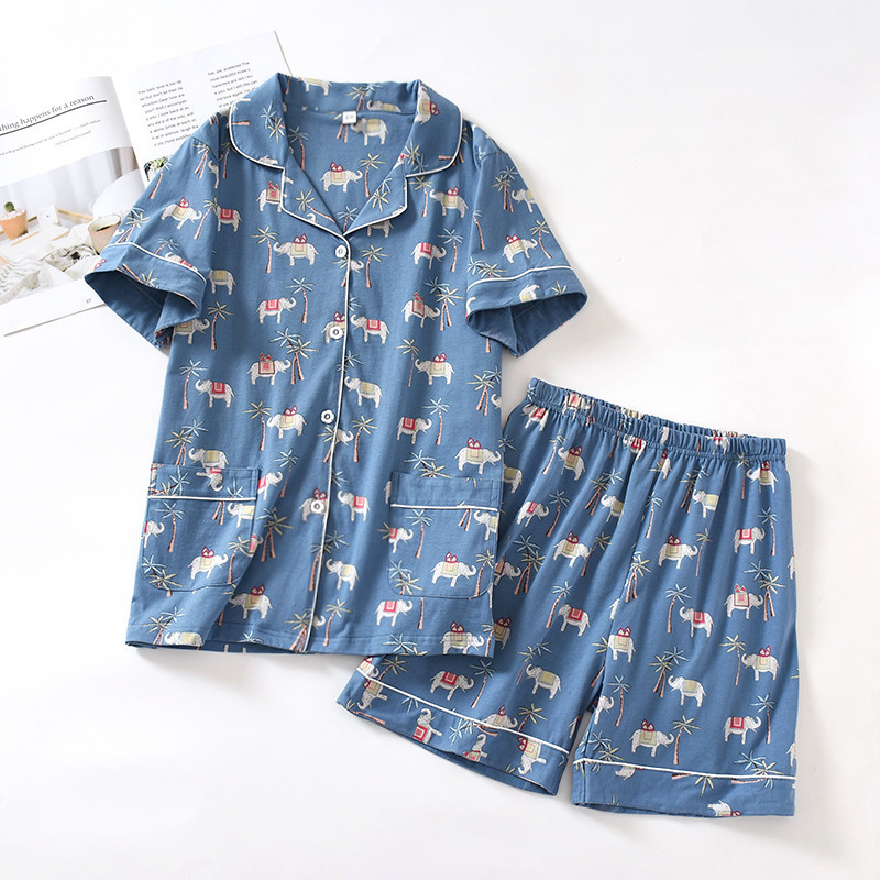 summer women's concise elephant printed pajama sets couple sleepwear cotton can wear outdoor short