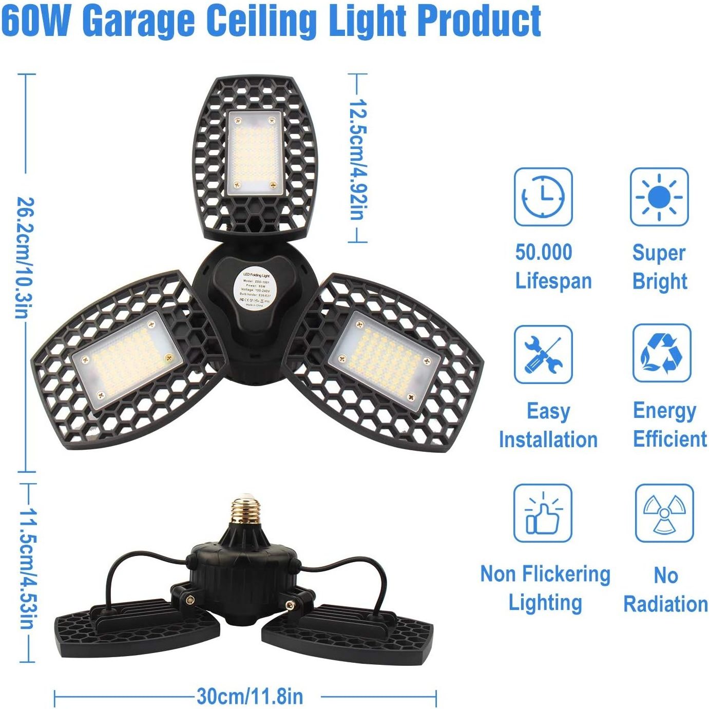 LED Garage Light 60W LED Workshop Lamp with 3 Adjustable Panels E27 LED Ceiling Lights Adjustable Garage Light for Basement