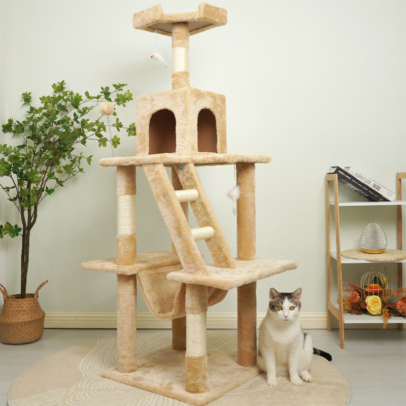 Playing Large Cat Climb Tree House with Hammock for Cats