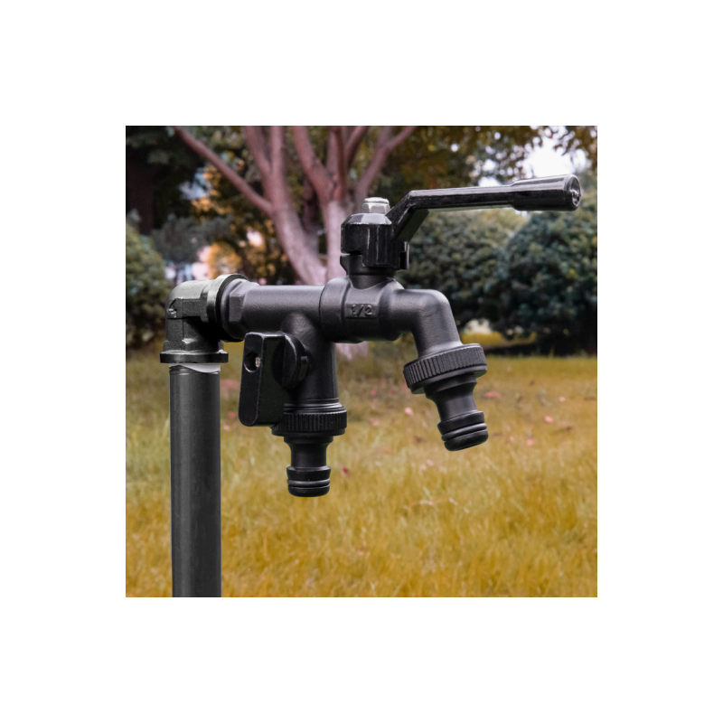 TMOK New Design Outdoor Black Double Outlet Brass Garden Faucet Bib Taps Cock Water Tap Bibcock