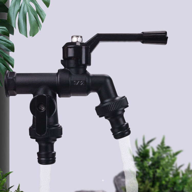 TMOK New Design Outdoor Black Double Outlet Brass Garden Faucet Bib Taps Cock Water Tap Bibcock