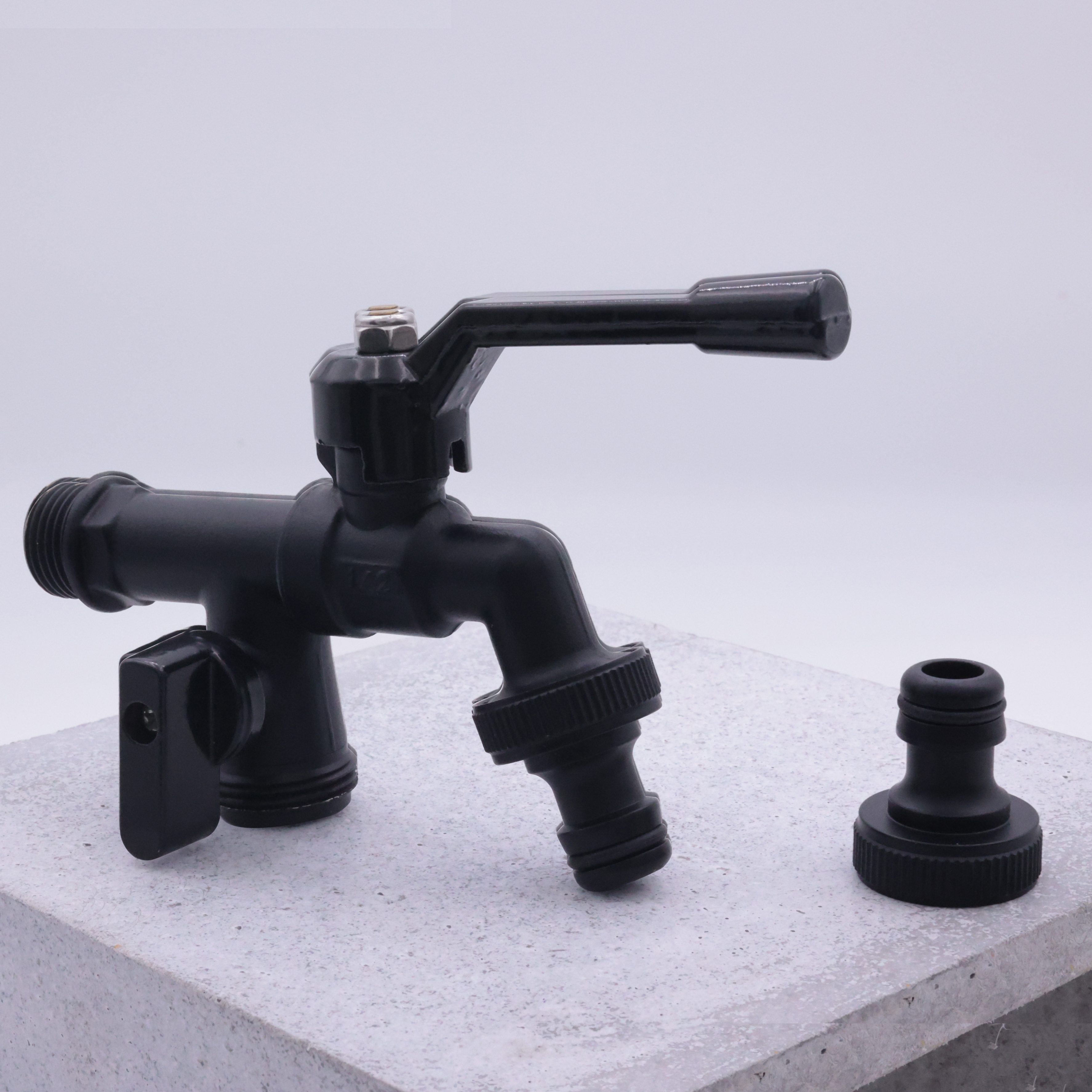 TMOK New Design Outdoor Black Double Outlet Brass Garden Faucet Bib Taps Cock Water Tap Bibcock