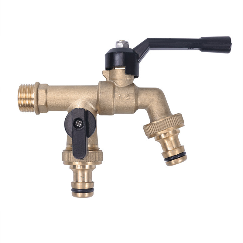 TMOK Garden Water Faucet With Two 3/4 Inch Brass Ball Valves Water Tap Splitter For Outdoor