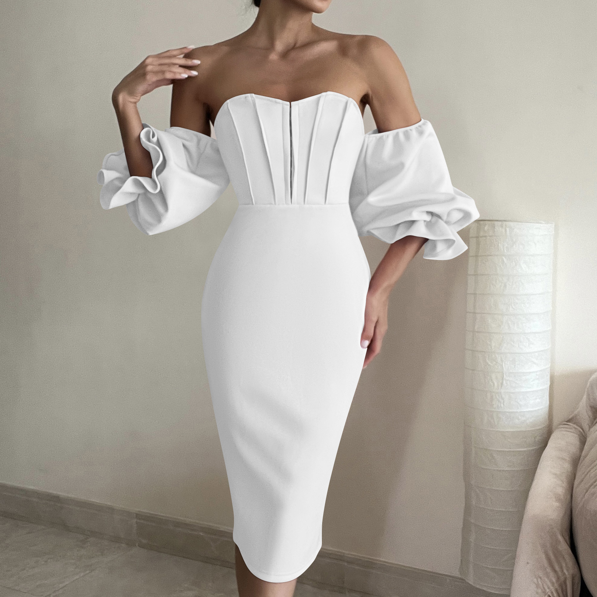 New design high waisted off shoulder bodycon ruffles dresses women lady elegant party dress