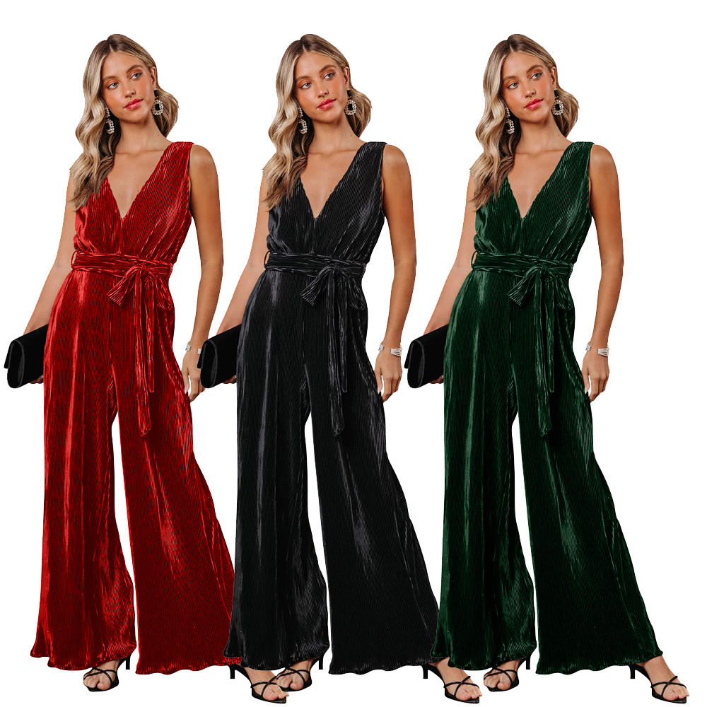 New arrival v neck sleeveless lady fashion clothes elegant velvet elegant jumpsuit for woman