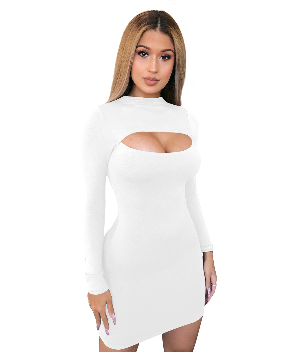 New Design Long Sleeve Front Cut Out Open Chest Bodycon Casual Mini Sexy Party Club Dress For Women