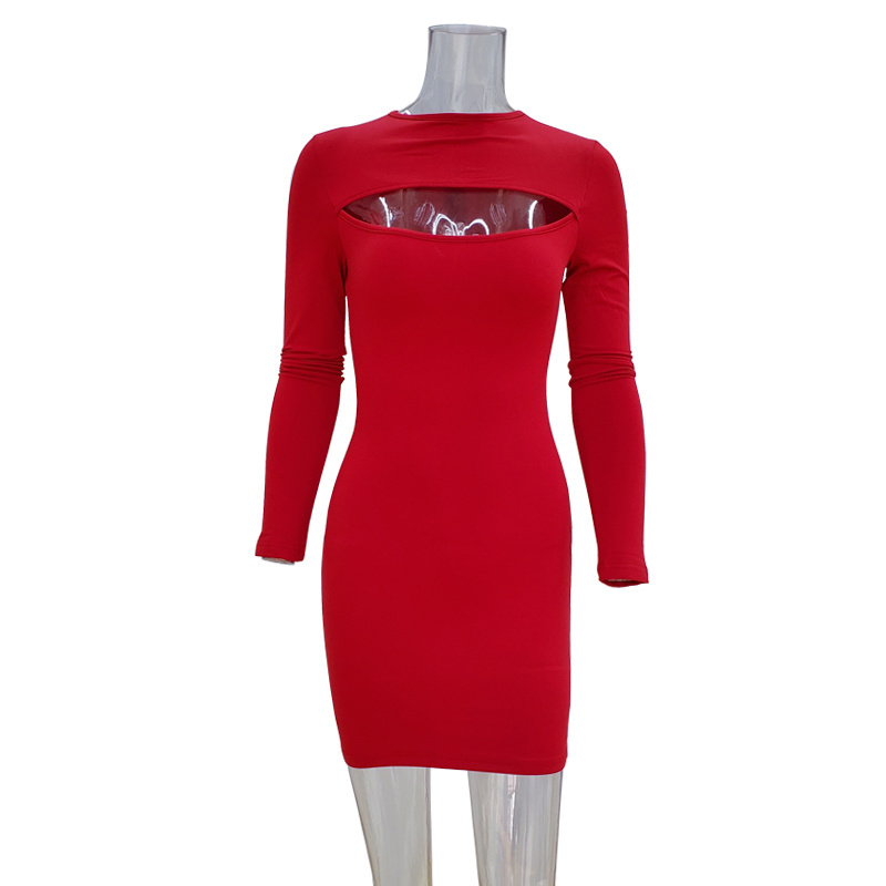 New Design Long Sleeve Front Cut Out Open Chest Bodycon Casual Mini Sexy Party Club Dress For Women