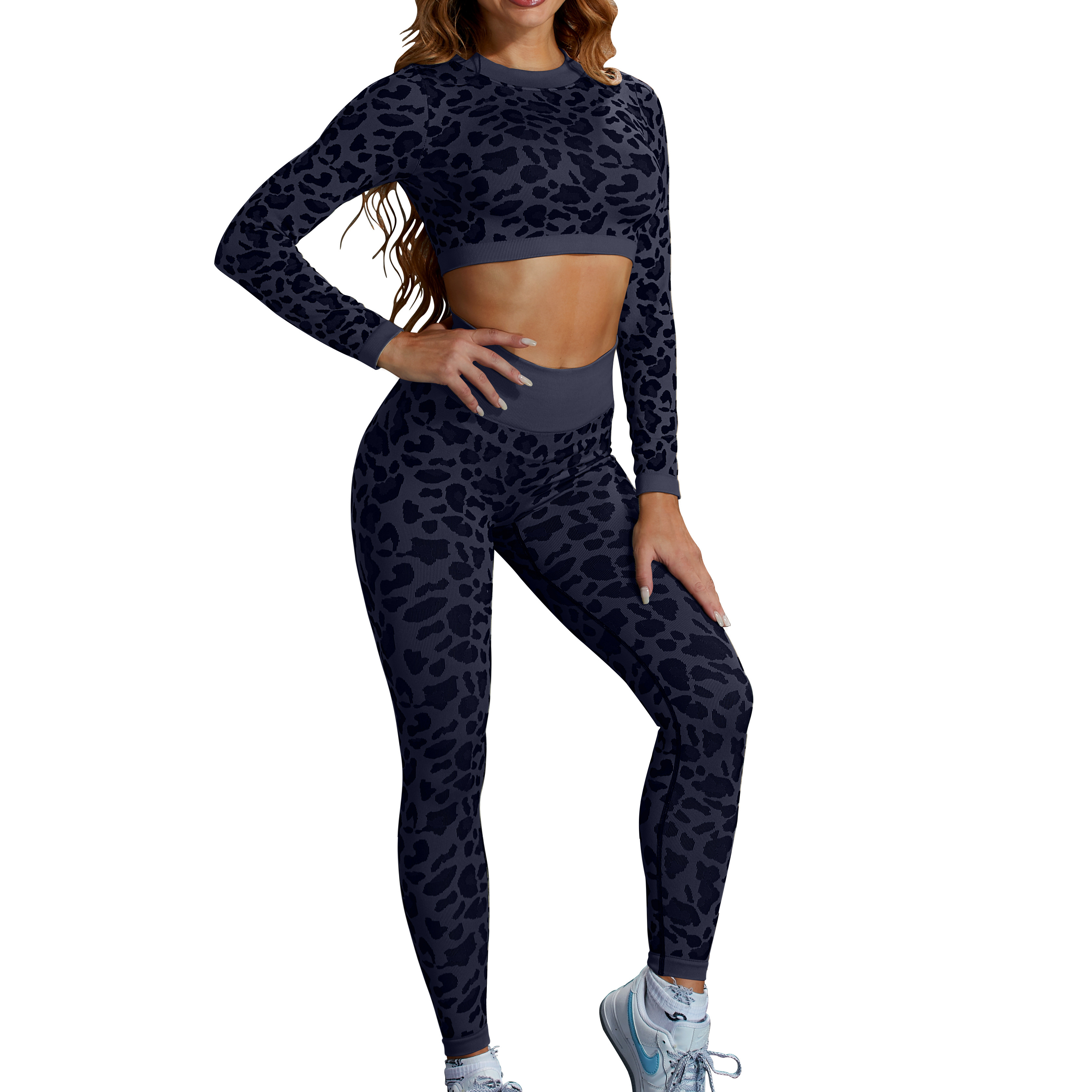 Seamless Leopard Women Yoga Set  Fitness Leggings Work Out Active Long Sleeve Sportswear Tracksuit