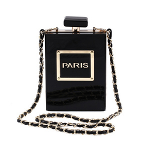 Gold Paris Perfume Shape Transparent Clutch Clear Box Banquet Handbag Chain Acrylic Purse