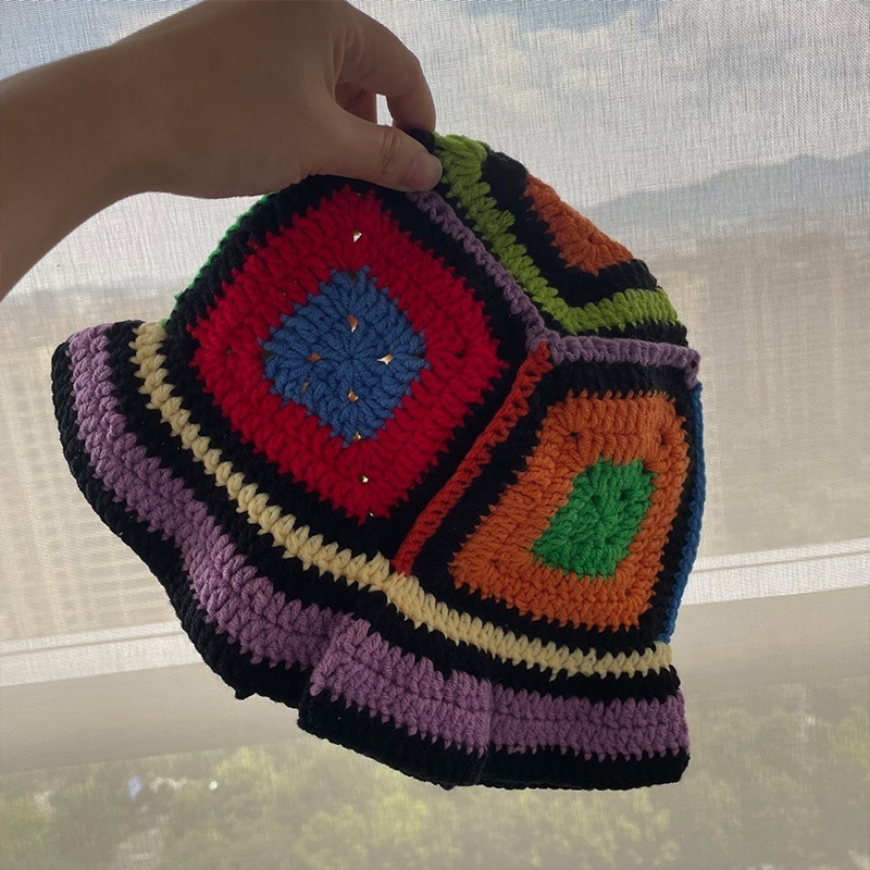 Outdoor Colorful Handmade Crochet Bucket Folded Knitted Stitching Bucket Hat