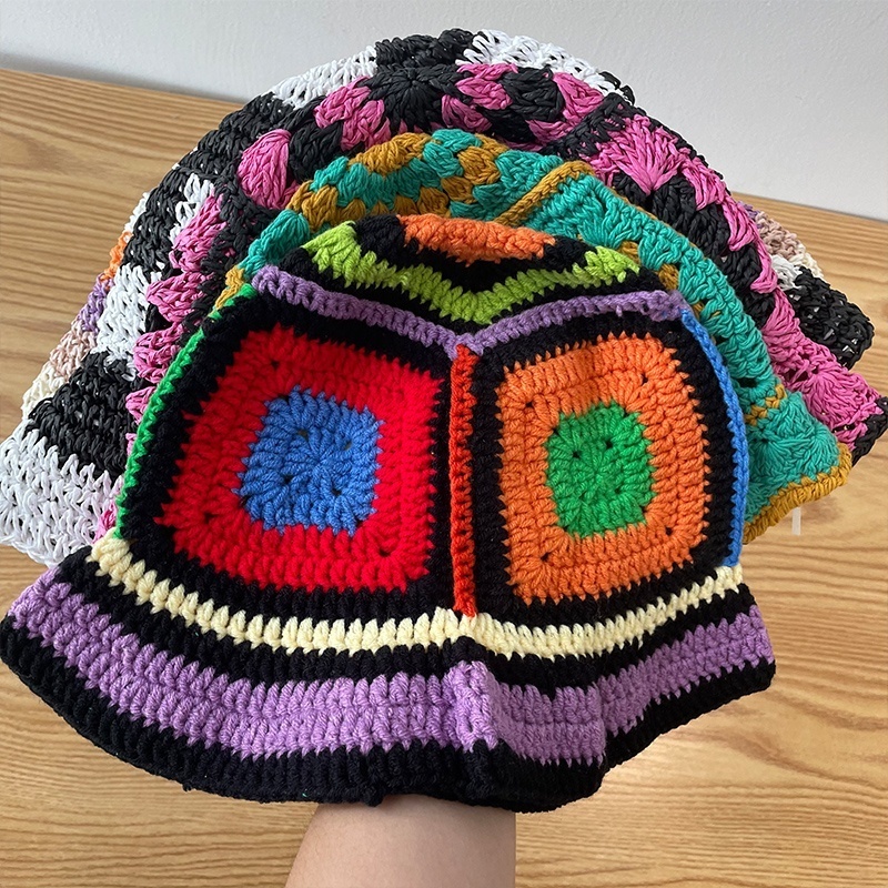 Outdoor Colorful Handmade Crochet Bucket Folded Knitted Stitching Bucket Hat