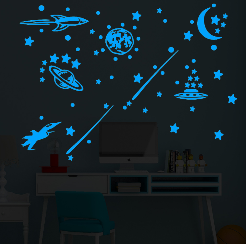 Glow Self-Adhesive In The Dark Spaceship Planets moon and stars wall stickers 2pcs/set